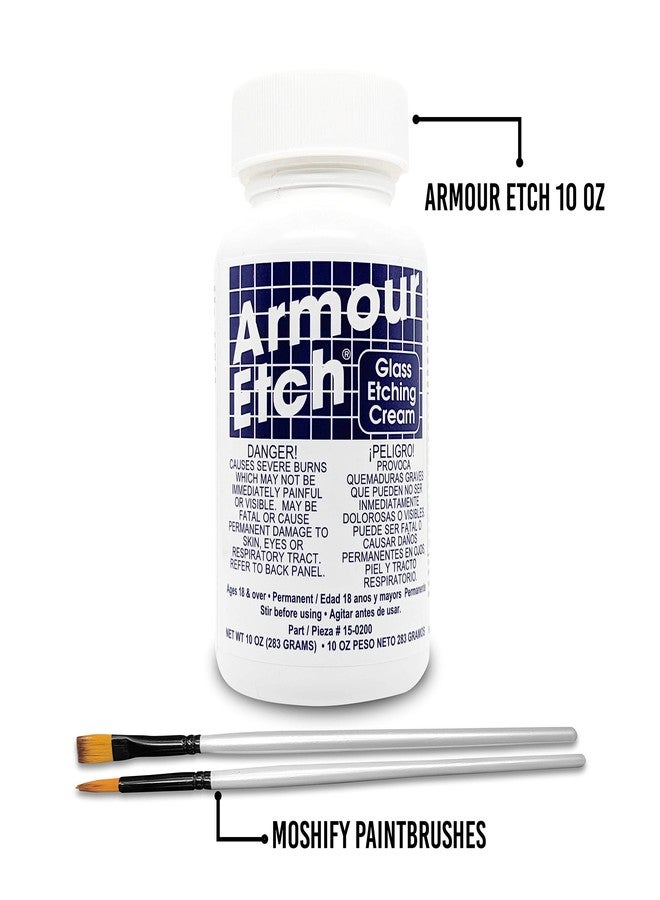 Moshify Armour Etch Glass Etching Cream Kit - Create Permanently Etched Designs - 10oz Net Weight - Bundled with Application Brushes - Image 2