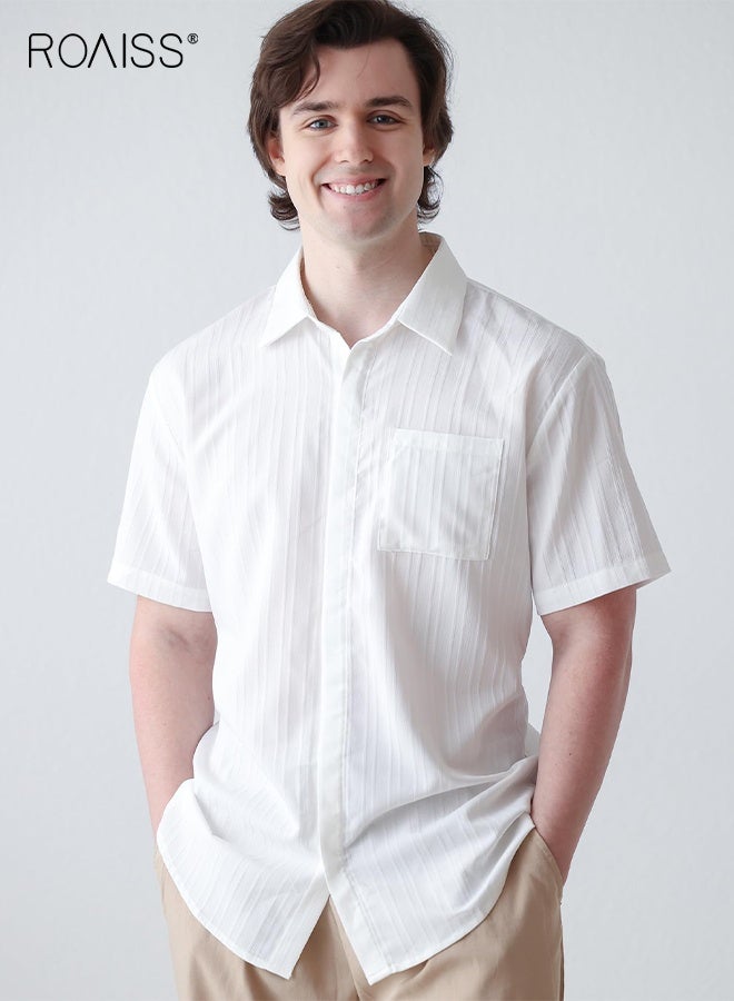 رويس قمصان رجالية كاجوال بأكمام قصيرة وأزرار وقميص صيفي أنيق للشاطئ وقميص بولو بياقة دائرية وكارديجان غير قابل للكي فضفاض بلون سادة مع جيوب للرجال باللون الأبيض - Image 1