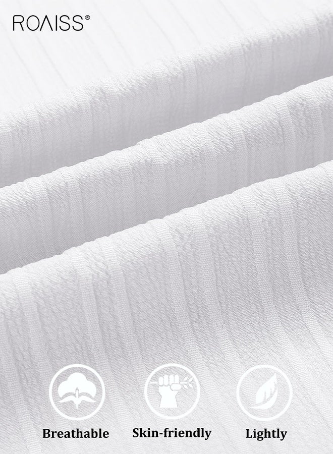 رويس قمصان رجالية كاجوال بأكمام قصيرة وأزرار وقميص صيفي أنيق للشاطئ وقميص بولو بياقة دائرية وكارديجان غير قابل للكي فضفاض بلون سادة مع جيوب للرجال باللون الأبيض - Image 4