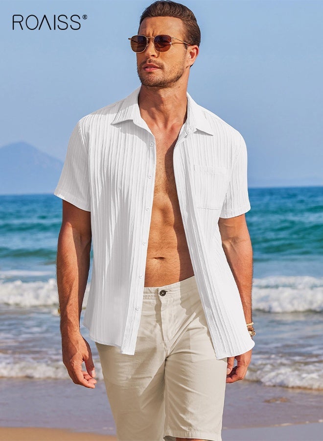 رويس قمصان رجالية كاجوال بأكمام قصيرة وأزرار وقميص صيفي أنيق للشاطئ وقميص بولو بياقة دائرية وكارديجان غير قابل للكي فضفاض بلون سادة مع جيوب للرجال باللون الأبيض - Image 5