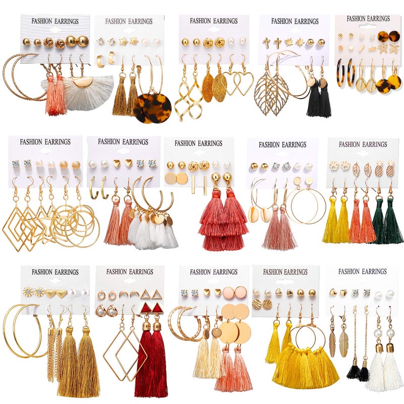 AROIC 93 Pairs Colorful Earrings with Tassel Earrings Layered Ball Dangle Hoop Stud Jacket Earrings for Women Jewelry Fashion and Valentine Birthday Party Gift. - Image 1