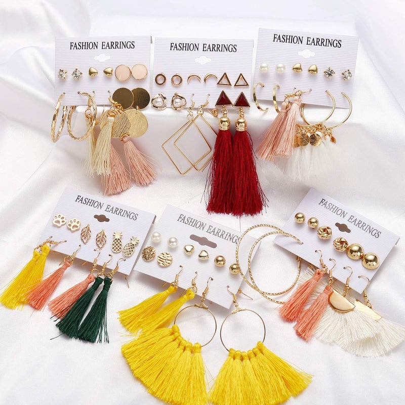 AROIC 93 Pairs Colorful Earrings with Tassel Earrings Layered Ball Dangle Hoop Stud Jacket Earrings for Women Jewelry Fashion and Valentine Birthday Party Gift. - Image 2