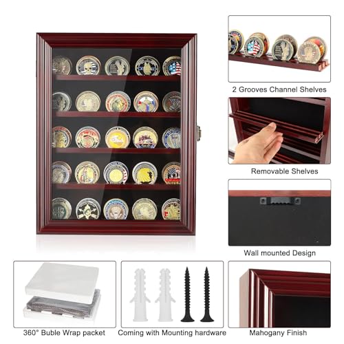 ASmileIndeep Military Challenge Coin Display Case Holder with HD Toughened Glass and Wall Mount, Wooden Coin Stand Rack with Removable 2 Grooves Shelves, Mahogany Finish… - Image 2