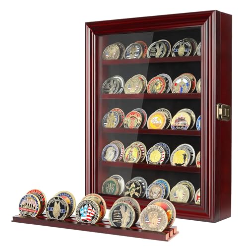 ASmileIndeep Military Challenge Coin Display Case Holder with HD Toughened Glass and Wall Mount, Wooden Coin Stand Rack with Removable 2 Grooves Shelves, Mahogany Finish… - Image 1