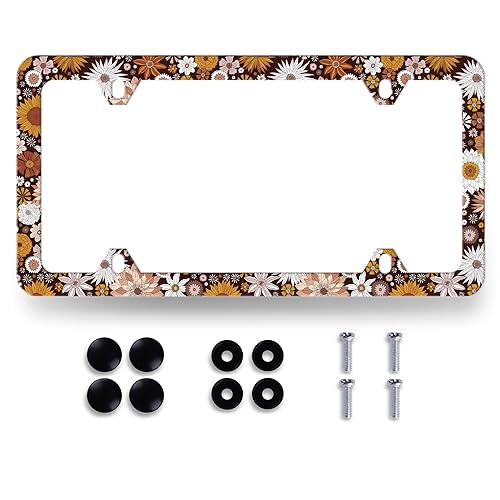 MUAWUOIK Colorful Flowers License Plate Frame Beautiful Daisy Sunflower Boho Floral License Plate Stainless Steel Funny License Plate Decoration with Screws 123x63 for US Canada Standard Vehicle Size - Image 1