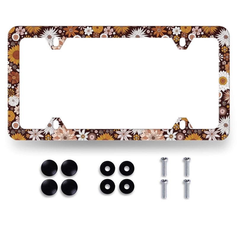 MUAWUOIK Colorful Flowers License Plate Frame Beautiful Daisy Sunflower Boho Floral License Plate Stainless Steel Funny License Plate Decoration with Screws 123x63 for US Canada Standard Vehicle Size - Image 3