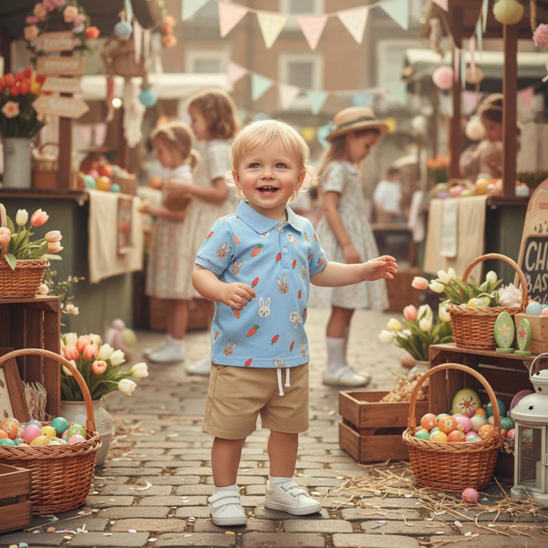 Bagilaanoe Toddler Baby Boy Easter Outfit Bunny Carrot Print Button Up Short Sleeve T-Shirt Top+ Solid Shorts Set (Blue, 3-4T) - Image 2