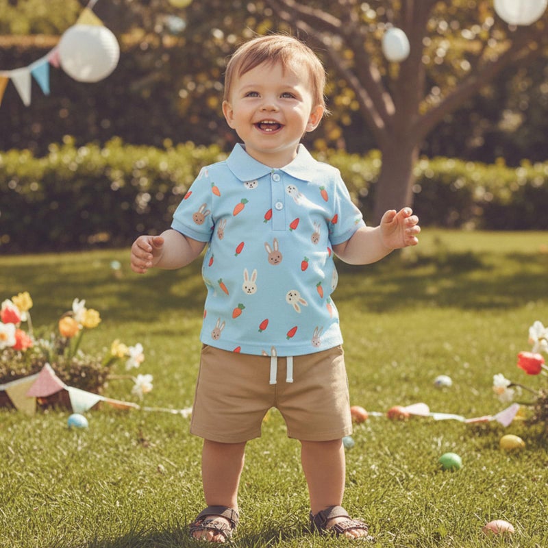 Bagilaanoe Toddler Baby Boy Easter Outfit Bunny Carrot Print Button Up Short Sleeve T-Shirt Top+ Solid Shorts Set (Blue, 3-4T) - Image 3