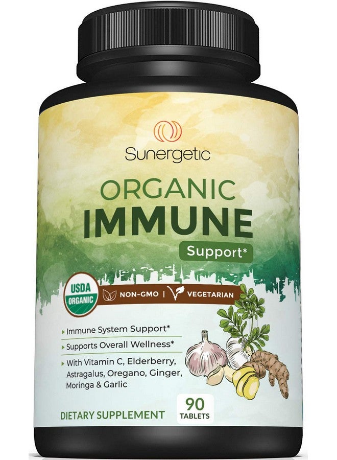 Sunergetic مكمل دعم المناعة العضوي من وزارة الزراعة الأمريكية - مكمل صحة المناعة العضوي مع فيتامين C، التوت الأسود، الأستراجالوس، الأوريجانو، الزنجبيل، المورينغا والثوم - دعم نظام المناعة العضوي - 90 قرص مناعة - Image 1