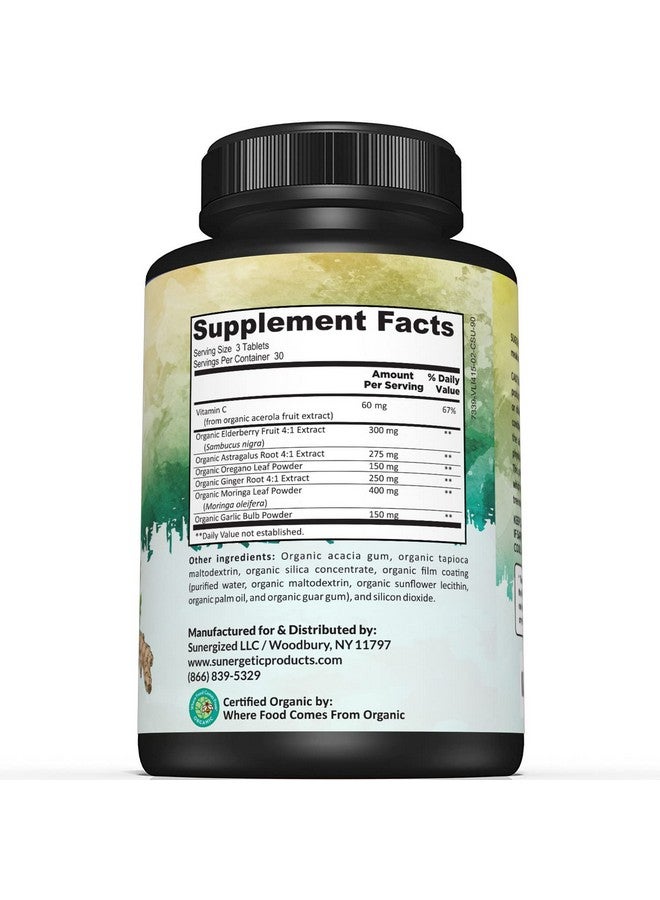 Sunergetic مكمل دعم المناعة العضوي من وزارة الزراعة الأمريكية - مكمل صحة المناعة العضوي مع فيتامين C، التوت الأسود، الأستراجالوس، الأوريجانو، الزنجبيل، المورينغا والثوم - دعم نظام المناعة العضوي - 90 قرص مناعة - Image 2