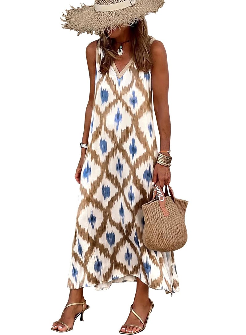 miduo Womens Casual Fashion 2026 Summer V Neck Sleeveless Printed Beach Boho Slit Maxi Dress Sundress Long Dress Multicoloured L - Image 1