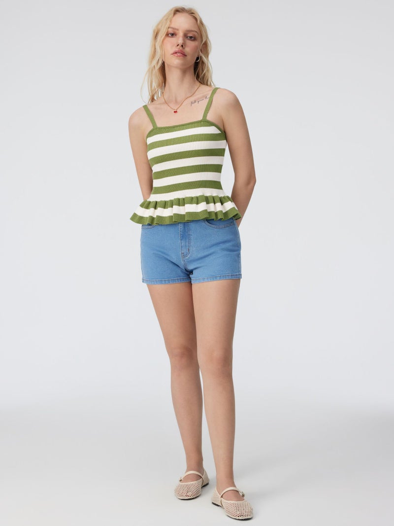 CIDER Striped Crop Tank Tops for Women Sleeveless Square Neck Ruffle Knit Peplum Tops Summer Vacation Outfits Green - Image 3