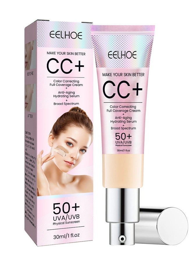 إيلهو 50+ أشعة فوق البنفسجية UVA / UVB الفيزيائية ، كريم CC SPF 50 ، كريم أساس CC ، مصل مرطب خفيف الوزن بتغطية كاملة ، زيت تحكم وترطيب مقاوم للماء طويل الأمد غير لامع كريم تصحيح اللون (# 01 خفيف) 30 مل - Image 1