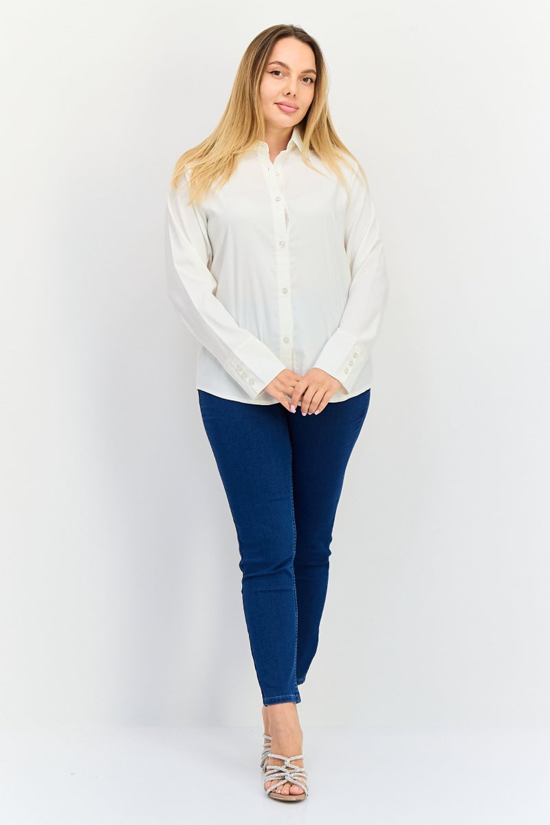 bebe Women Regular Fit Solid Long Sleeves Shirt, Off white - Image 4