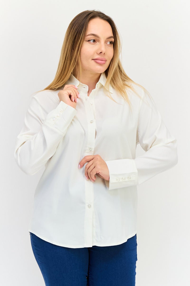 bebe Women Regular Fit Solid Long Sleeves Shirt, Off white - Image 1