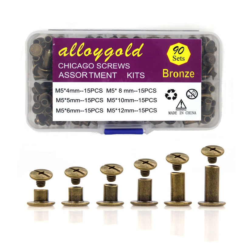 Alloygold 90 Sets Bronze Chicago Screws Leather Assorted Kit ï¼Œ6 Sizes of Screw Rivets for Leather Rivet for DIY Leather Craft and Bookbinding (M5 X 4, 5, 6, 8, 10, 12) - Image 1