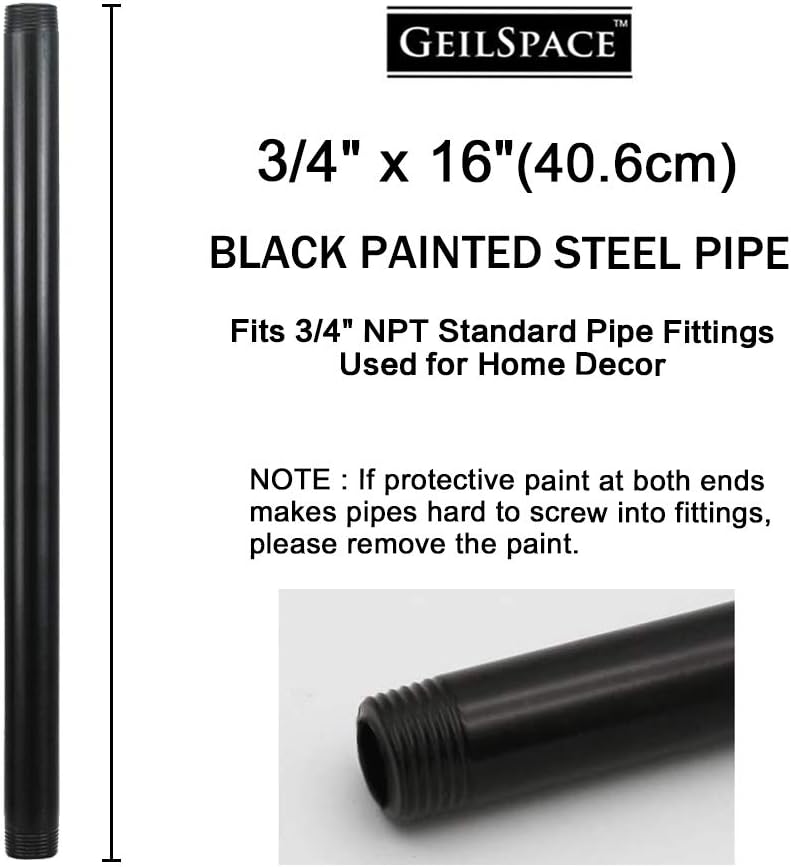 GeilSpace 6 Pack 3/4" × 16" Pre-Cut Black Metal Pipe, Industrial Steel Fits Standard Three Quarters Inch Threaded Pipes and Fittings - Vintage DIY Industrial Shelving (3/4" × 16", Black) - Image 2