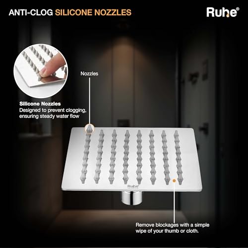 Ruhe® Ultra Sleek 304-Grade Stainless Steel Overhead Shower with Chrome Finish| 6x6 Inches Rain Shower for Bathrooms| Powerful Square Showerhead with Easy-to-Clean Silicone Nozzles| WITHOUT SHOWER ARM - Image 4