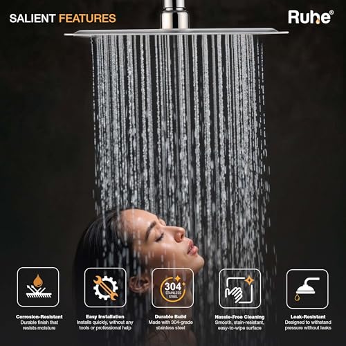Ruhe® Ultra Sleek 304-Grade Stainless Steel Overhead Shower with Chrome Finish| 6x6 Inches Rain Shower for Bathrooms| Powerful Square Showerhead with Easy-to-Clean Silicone Nozzles| WITHOUT SHOWER ARM - Image 3