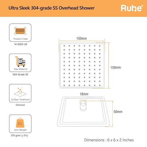 Ruhe® Ultra Sleek 304-Grade Stainless Steel Overhead Shower with Chrome Finish| 6x6 Inches Rain Shower for Bathrooms| Powerful Square Showerhead with Easy-to-Clean Silicone Nozzles| WITHOUT SHOWER ARM - Image 2