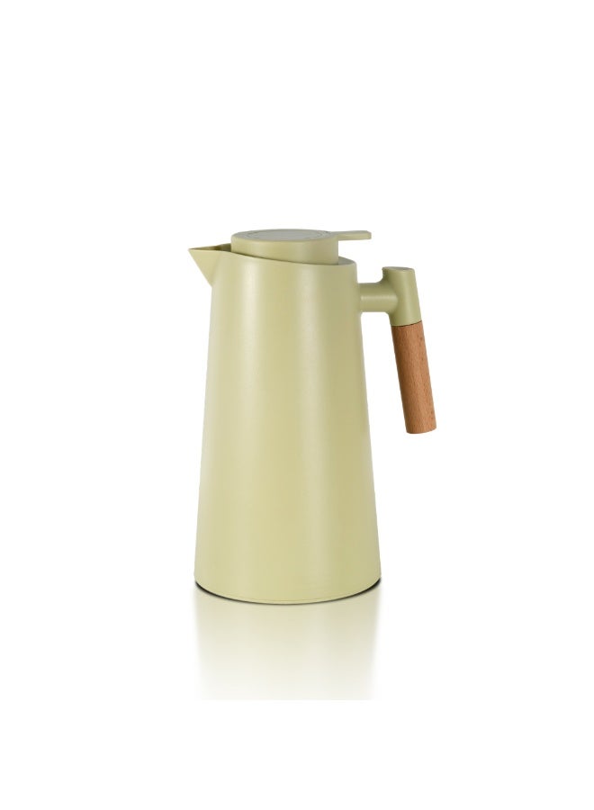 1.0L VACUUM FLASK WITH PINK GLASS REFILL ELEGANT THERMAL COFFEE & TEA CARAFE WITH HEAT RESISTANT WOODEN HANDLE 1000ML INSULATED DALLAH FOR HOME, OFFICE, & RAMADAN SERVING