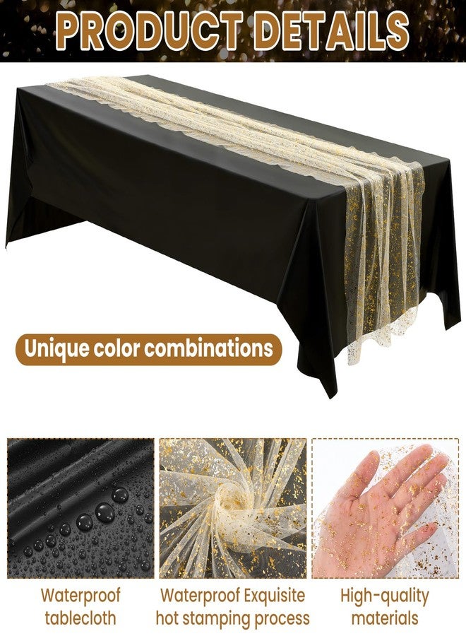 Moukeren 8 Pack Black and Gold Tablecloth and Table Runner Set Party Decoration 54'' x 108'' Disposable Table Cover with Glitter Gauze Runner for Wedding Anniversary Birthday Retirement Lunar New Year - Image 3