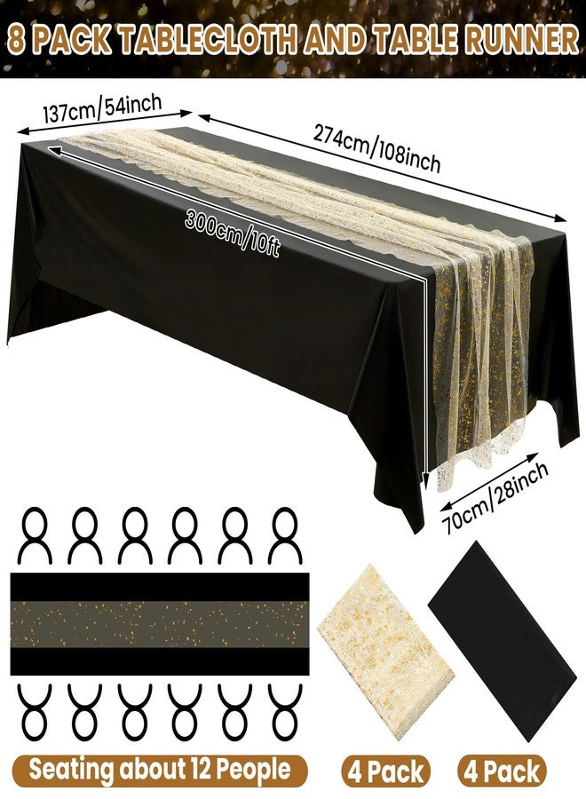 Moukeren 8 Pack Black and Gold Tablecloth and Table Runner Set Party Decoration 54'' x 108'' Disposable Table Cover with Glitter Gauze Runner for Wedding Anniversary Birthday Retirement Lunar New Year - Image 2