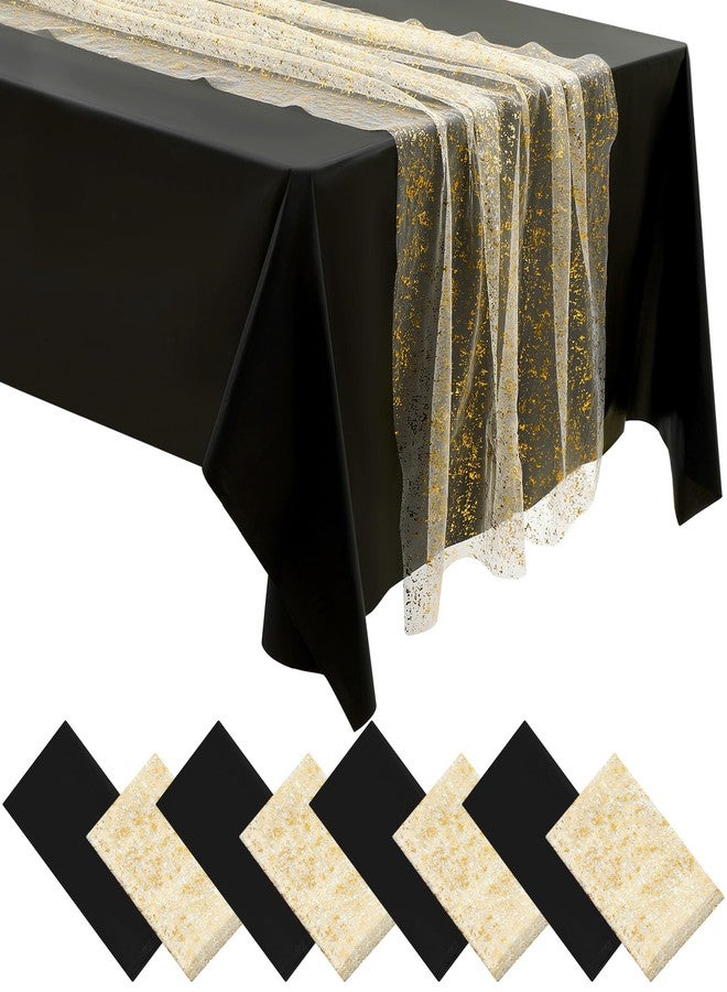 Moukeren 8 Pack Black and Gold Tablecloth and Table Runner Set Party Decoration 54'' x 108'' Disposable Table Cover with Glitter Gauze Runner for Wedding Anniversary Birthday Retirement Lunar New Year - Image 1