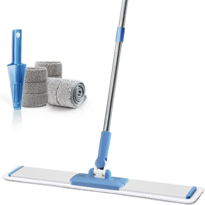 CQT Commercial Flat Microfiber Floor Mop Cleaning System 24" Inch Wet Dry and Dust Hardwood with 4 Washable Pads Cleaner for Laminate Tile Stainless Steel Handle and Extension (Blue) - Image 1
