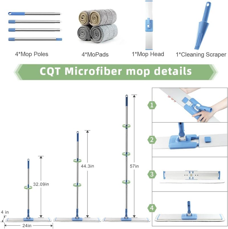 CQT Commercial Flat Microfiber Floor Mop Cleaning System 24" Inch Wet Dry and Dust Hardwood with 4 Washable Pads Cleaner for Laminate Tile Stainless Steel Handle and Extension (Blue) - Image 3