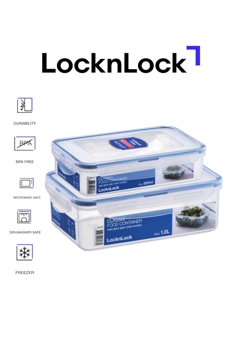 LOCK & LOCK LocknLock Classic Airtight Rectangular Containers 800ml + 1L  - BPA-Free, Microwave & Freezer Safe  - Image 1