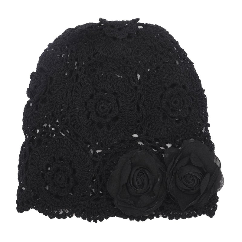 ZLYC Women Cotton Crochet Slouchy Beanie Hat Handmade Knit Summer Skull Cap, Decorative Flowers Black - Image 4