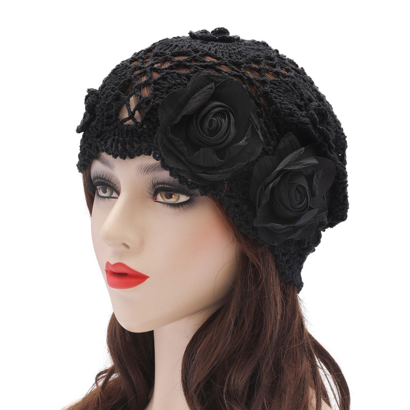 ZLYC Women Cotton Crochet Slouchy Beanie Hat Handmade Knit Summer Skull Cap, Decorative Flowers Black - Image 2