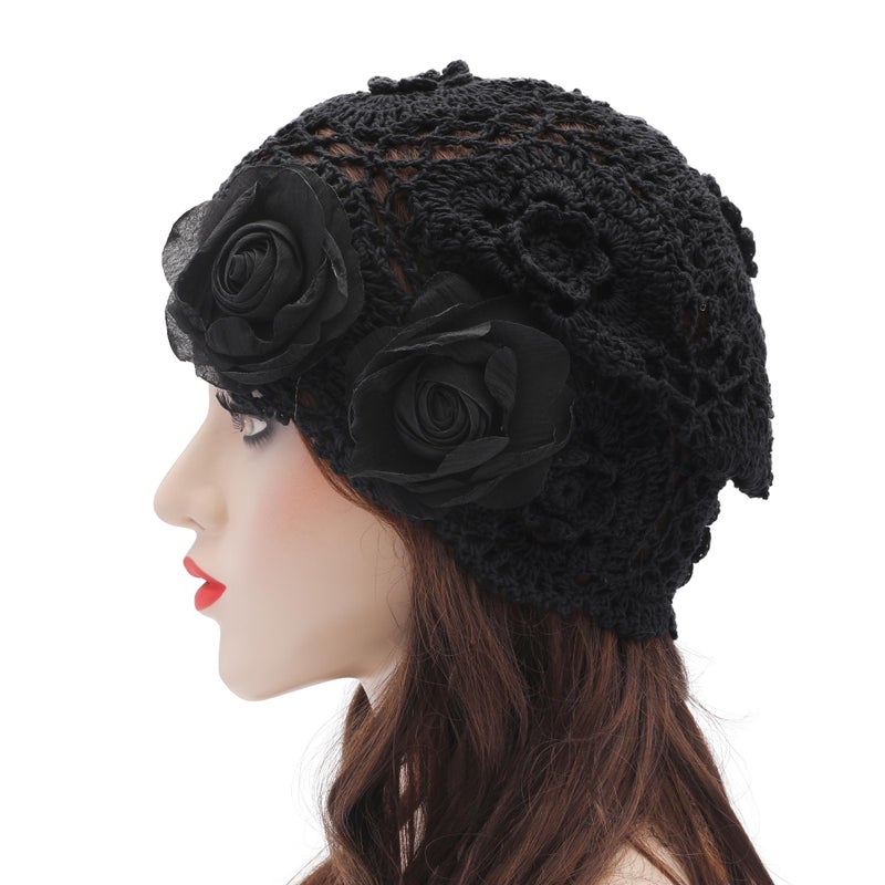 ZLYC Women Cotton Crochet Slouchy Beanie Hat Handmade Knit Summer Skull Cap, Decorative Flowers Black - Image 3