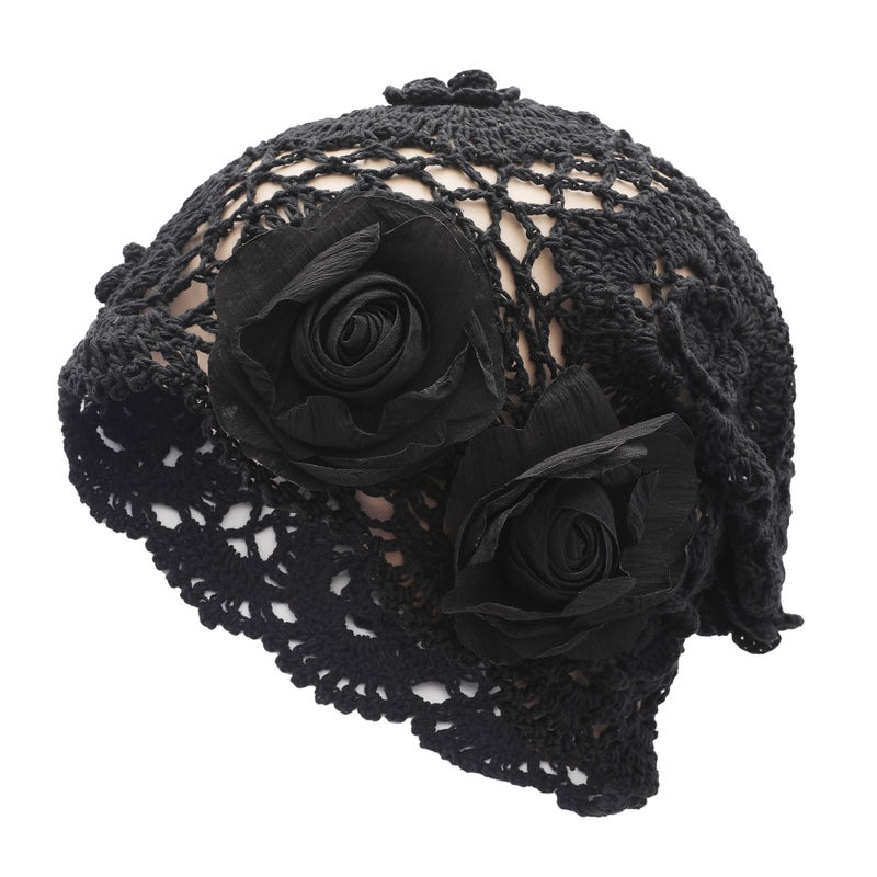 ZLYC Women Cotton Crochet Slouchy Beanie Hat Handmade Knit Summer Skull Cap, Decorative Flowers Black - Image 1