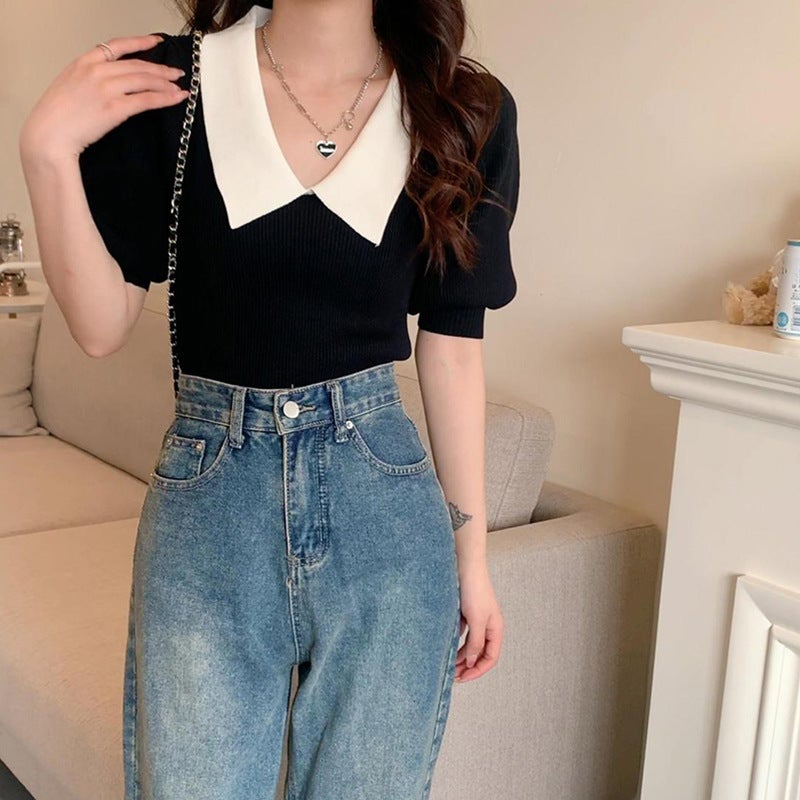 Summer Chic Colorblock Polo Knit Top Black  - Image 5