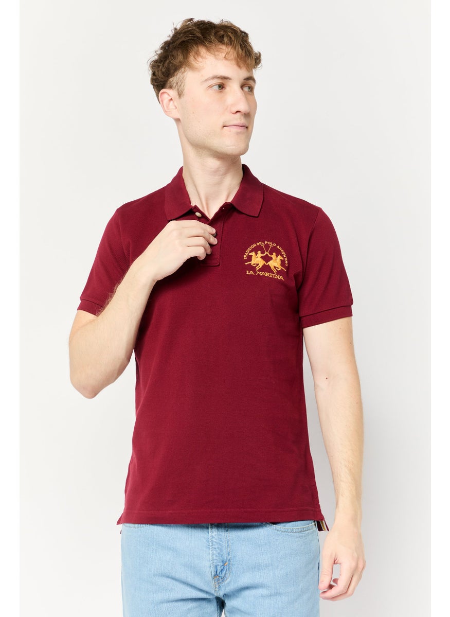 La Martina Men Regular Fit Embroidered Logo Short Sleeves Polo Shirt, Maroon  - Image 1