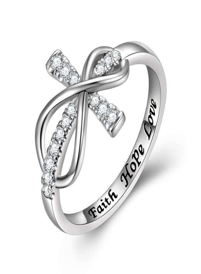 DAOCHONG Inspirational Jewelry 925 Sterling Silver Engraved Faith Hope Love Cubic Zirconia Cross Infinity Ring, Size 7 - Image 1