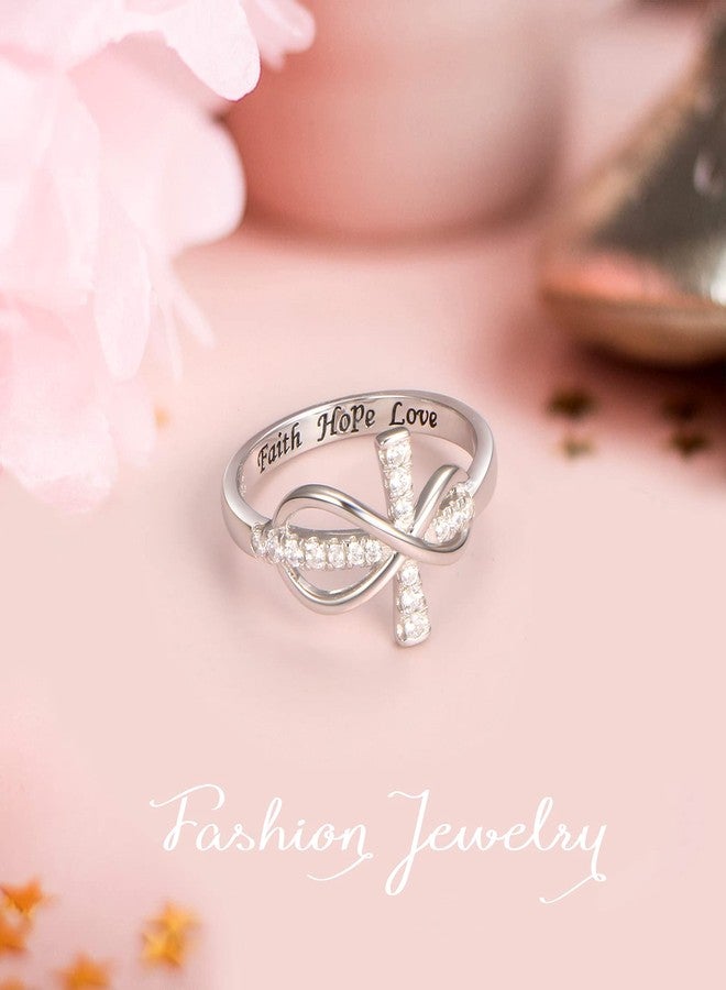 DAOCHONG Inspirational Jewelry 925 Sterling Silver Engraved Faith Hope Love Cubic Zirconia Cross Infinity Ring, Size 7 - Image 4
