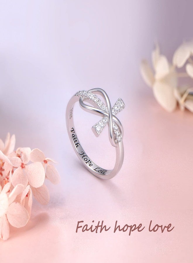 DAOCHONG Inspirational Jewelry 925 Sterling Silver Engraved Faith Hope Love Cubic Zirconia Cross Infinity Ring, Size 7 - Image 3
