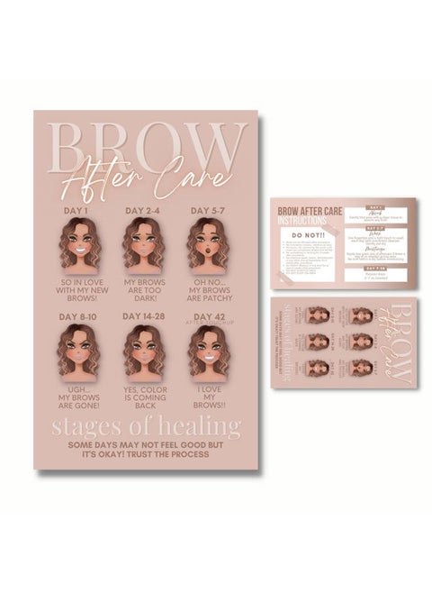 Cute Modern Nuetral Tone Powder Brow Microblading Aftercare Instruction Cards - Business Card Size 2 x 3.5 Inches -Front and Back Stages of brow healing