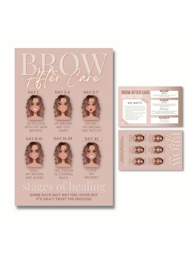 Tats4now - Cute Modern Nuetral Tone Powder Brow Microblading Aftercare Instruction Cards - Business Card Size 2 x 3.5 Inches -Front and Back Stages of brow healing - Image 1