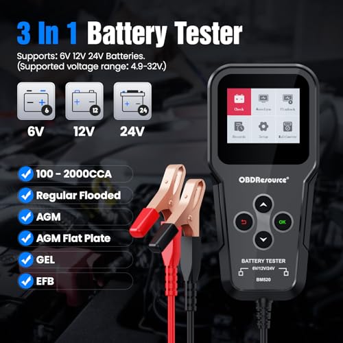 OBDResource Car Battery Tester 6V 12V 24V 3 in1 Battery Load Tester Professional Automotive Battery Analyzer Alternator 100-2000 CCA Battery Loading/Cranking/Charging Test - Image 2