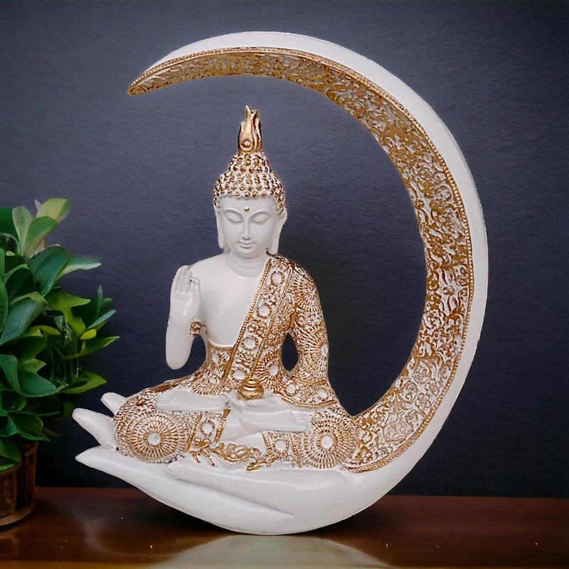 Karigaari Antique Big Meditating Moon Buddha Statue Showpiece for Home Decor Living Room House Warming Office Gifting Buddha Idol Polyresin Decorative Figurine 9 Inch 23 cm White Gold - Image 1
