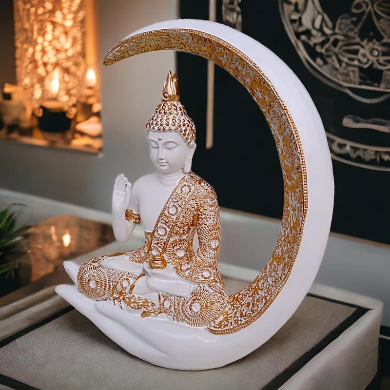 Karigaari Antique Big Meditating Moon Buddha Statue Showpiece for Home Decor Living Room House Warming Office Gifting Buddha Idol Polyresin Decorative Figurine 9 Inch 23 cm White Gold - Image 2