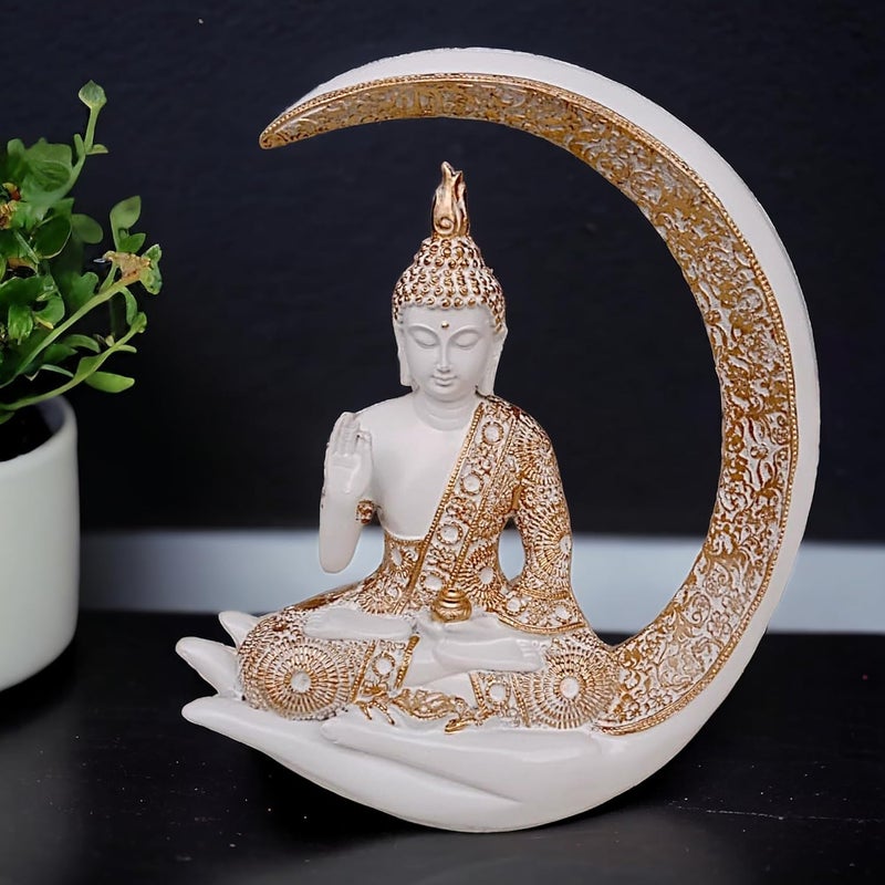 Karigaari Antique Big Meditating Moon Buddha Statue Showpiece for Home Decor Living Room House Warming Office Gifting Buddha Idol Polyresin Decorative Figurine 9 Inch 23 cm White Gold - Image 3