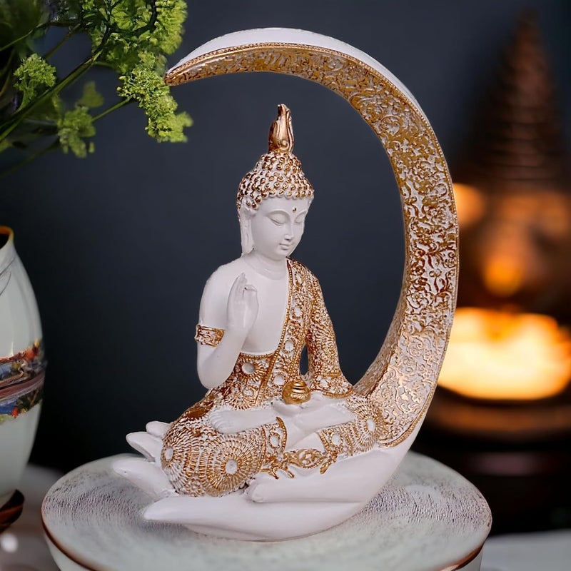 Karigaari Antique Big Meditating Moon Buddha Statue Showpiece for Home Decor Living Room House Warming Office Gifting Buddha Idol Polyresin Decorative Figurine 9 Inch 23 cm White Gold - Image 4