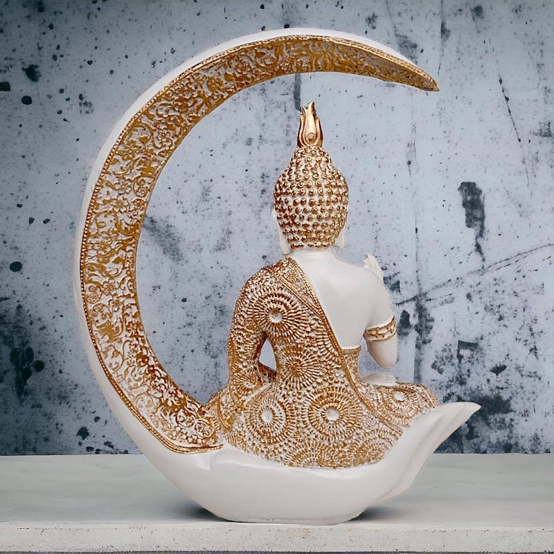 Karigaari Antique Big Meditating Moon Buddha Statue Showpiece for Home Decor Living Room House Warming Office Gifting Buddha Idol Polyresin Decorative Figurine 9 Inch 23 cm White Gold - Image 5