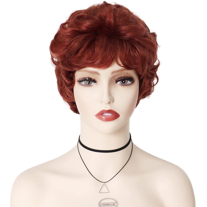 GNIMEGIL Short Red Wig with Bangs Short Curly Hair Wigs for Women Everyday Wear Natural Looking Synthetic Wigs Fluffy Cosplay Wig Halloween Costume Party Copper Wig