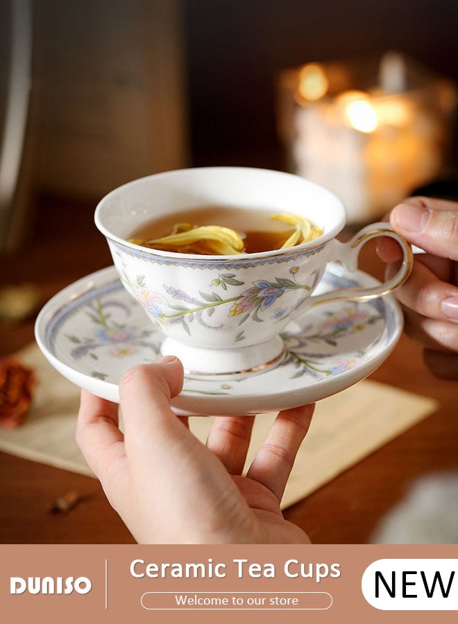 DUNISO طقم أكواب شاي وصحون خزفية، طقم شاي بورسلين لحفلة الشاي، أكواب صحون شاي بعد الظهر لمشروبات القهوة والشاي، طقم صحون للمطبخ وغرفة المعيشة، كوب قهوة خزفي للمكتب والمنزل - Image 1